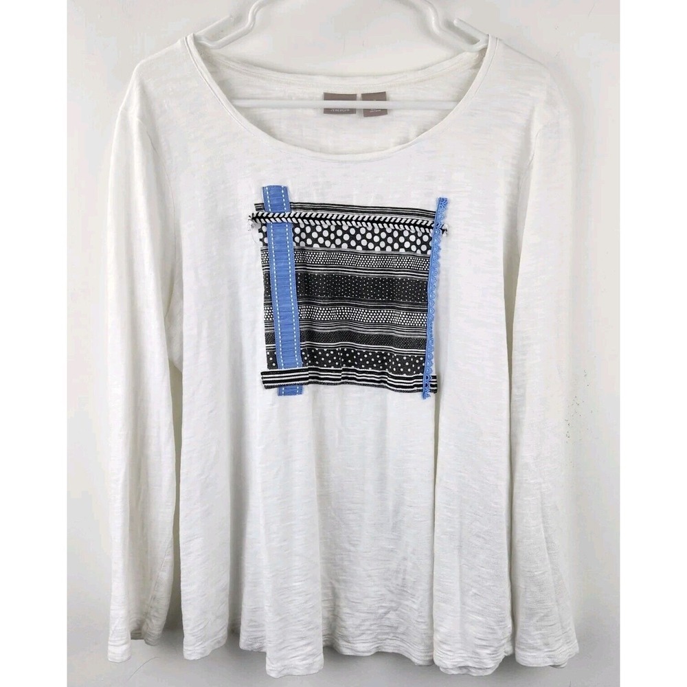 Chico's Women's Striped Dot Patch Long Sleeve White w/Print Shirt Top Size 3 XL